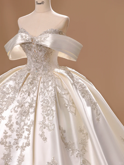 Prinzessin Brautkleid Ballkleid aus der Schulter Satin Spitze kurze Ärmel Brautkleider Brautkleider DH2803