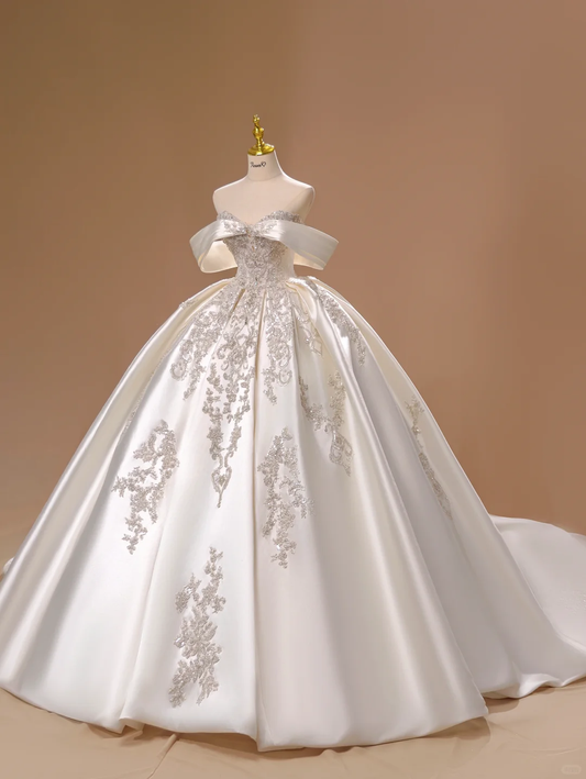 Prinzessin Brautkleid Ballkleid aus der Schulter Satin Spitze kurze Ärmel Brautkleider Brautkleider DH2803