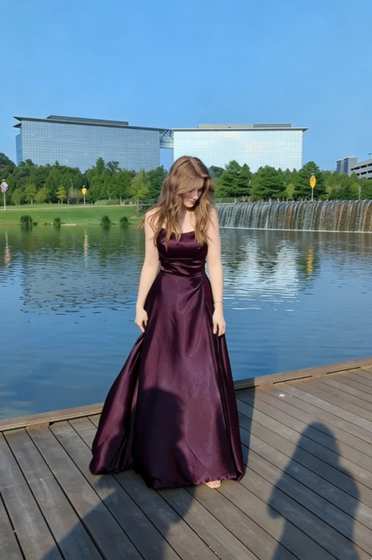 Elegant A Line Spaghetti Straps Navy Blue Satin Long Prom Dresses Party Dress Summer 20th Birthday Outfits 18th Birthday Dresses DH487