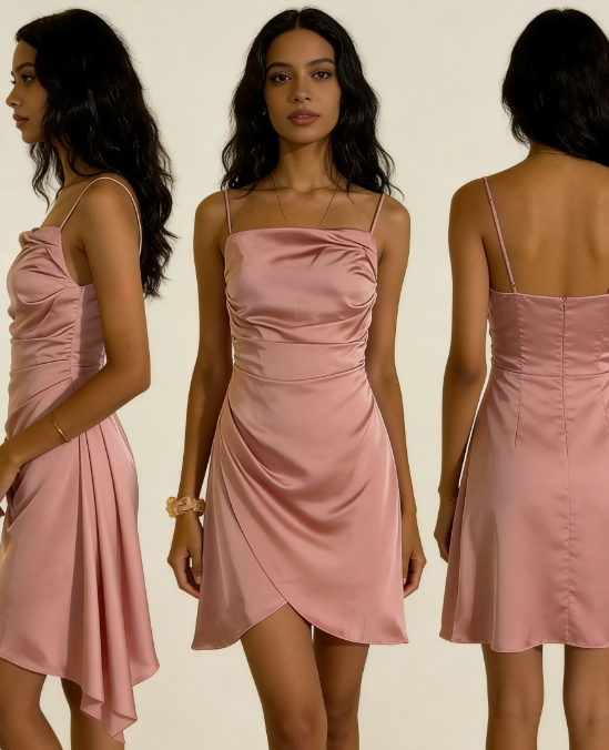 Sexy A line Spaghetti Straps Pink Satin Mini Short Formal 8th Grade Homecoming Dresses Summer Middle School Hoco Dress Homecoming Outfits Birthday Outfit DH686