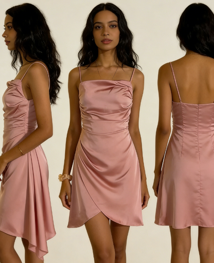 Sexy A line Spaghetti Straps Pink Satin Mini Short Formal 8th Grade Homecoming Dresses Summer Middle School Hoco Dress Homecoming Outfits Birthday Outfit DH686