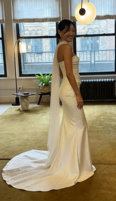 Ethereal Wedding Dress Sheath Strapless Satin Long Ivory Wedding Dresses Bridal Gowns DH863
