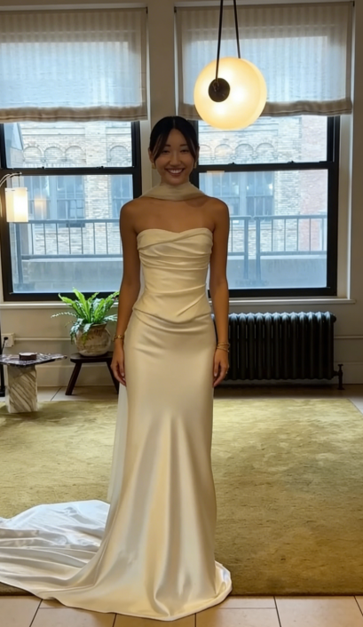 Ethereal Wedding Dress Sheath Strapless Satin Long Ivory Wedding Dresses Bridal Gowns DH863