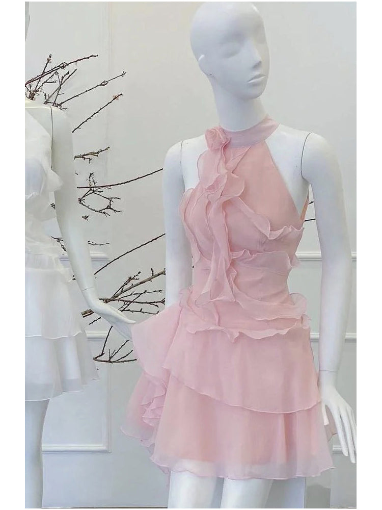 Pretty A Line High Neck Sleeveless Pink Chiffon Short Mini Formal 8th Grade Homecoming Dresses Summer Middle School Hoco Dress Homecoming Outfits DH997