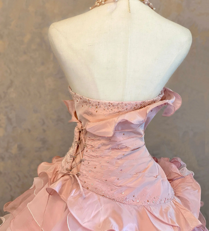Gorgeous Strapless Ball Gown Pink Long Prom Dresses Tulle Sleeveless Birthday Dresses Applique Pink Quinceanera Dresses DP04204