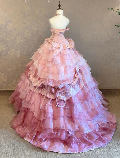 Gorgeous Strapless Ball Gown Pink Long Prom Dresses Tulle Sleeveless Birthday Dresses Applique Pink Quinceanera Dresses DP04204