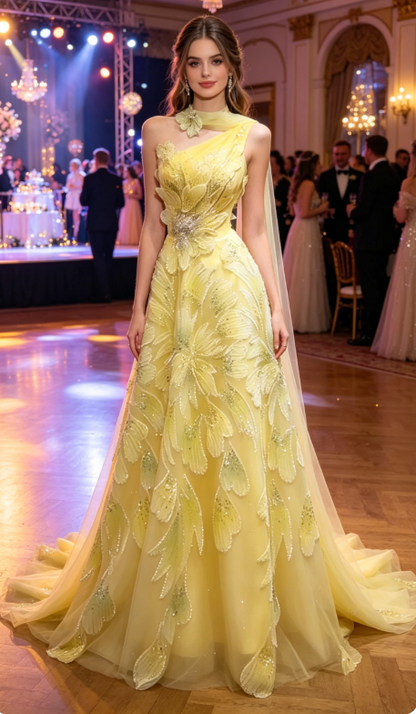 Fairy A-Line Yellow Long Prom Dresses Tulle Beaded One-shoulder Evening Dresses Sleeveless Birthday Dresses DP04636