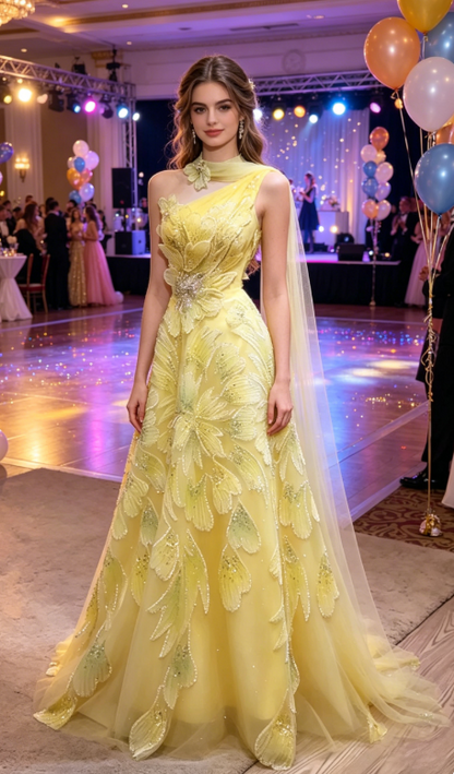 Fairy A-Line Yellow Long Prom Dresses Tulle Beaded One-shoulder Evening Dresses Sleeveless Birthday Dresses DP04636