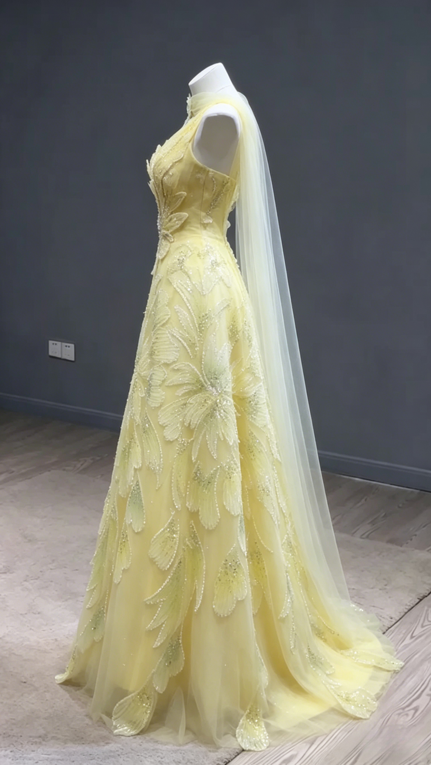 Fairy A-Line Yellow Long Prom Dresses Tulle Beaded One-shoulder Evening Dresses Sleeveless Birthday Dresses DP04636