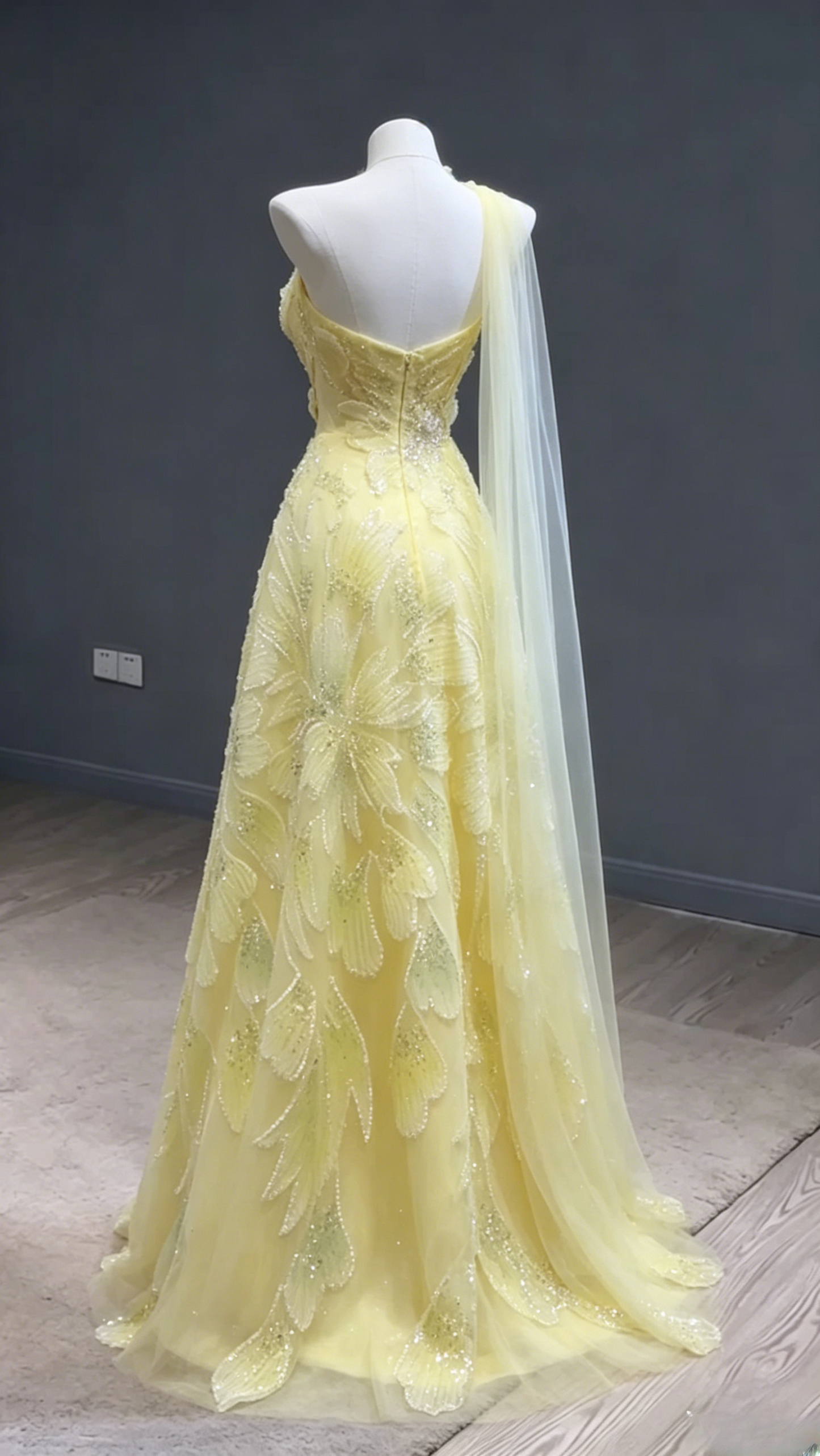 Fairy A-Line Yellow Long Prom Dresses Tulle Beaded One-shoulder Evening Dresses Sleeveless Birthday Dresses DP04636
