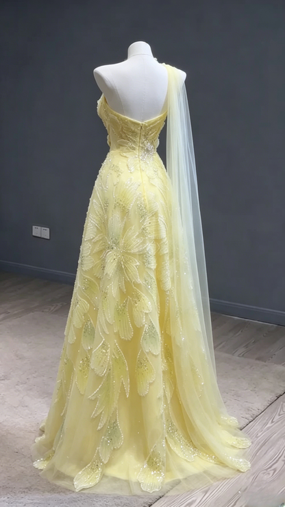 Fairy A-Line Yellow Long Prom Dresses Tulle Beaded One-shoulder Evening Dresses Sleeveless Birthday Dresses DP04636