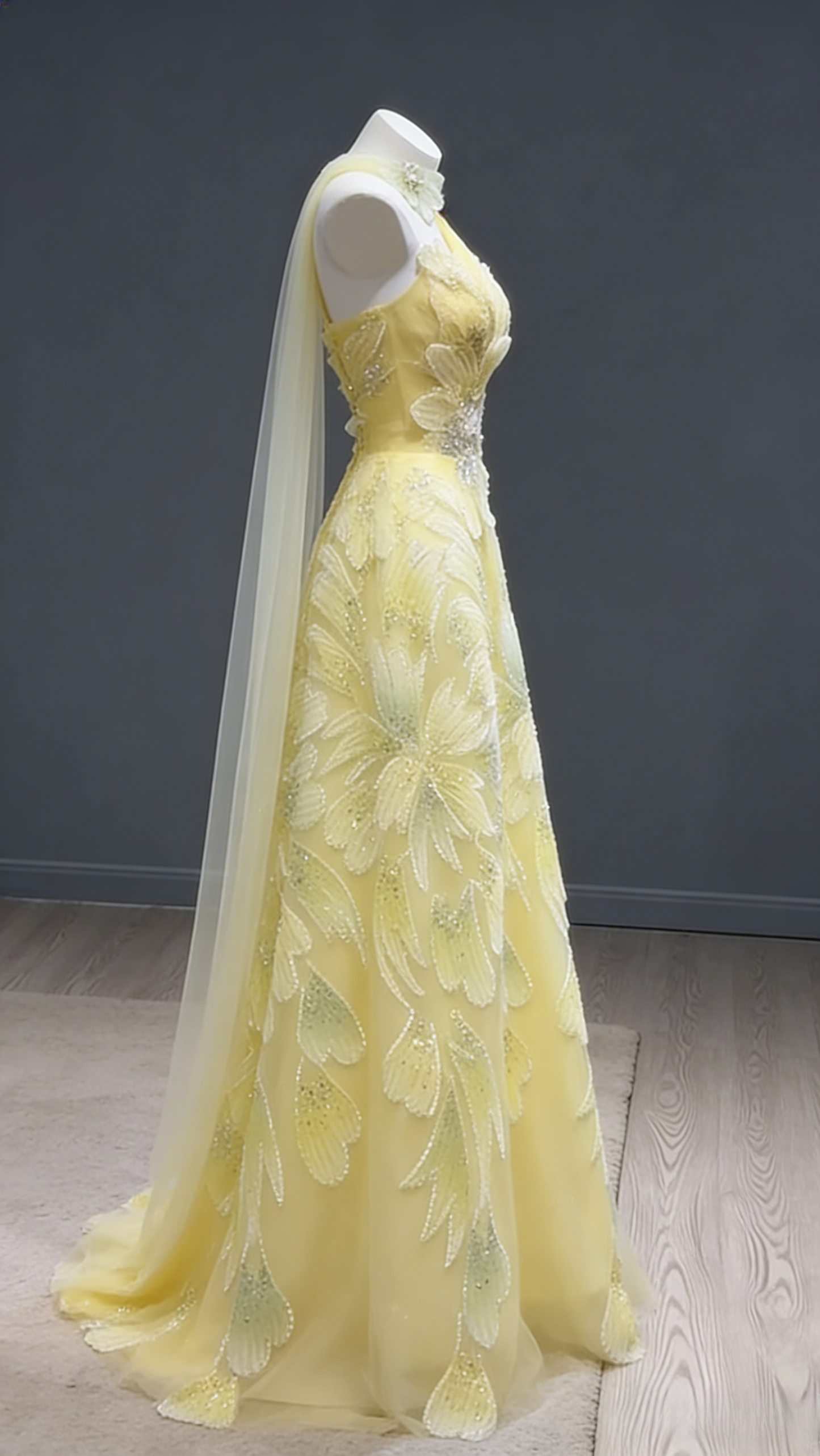 Fairy A-Line Yellow Long Prom Dresses Tulle Beaded One-shoulder Evening Dresses Sleeveless Birthday Dresses DP04636