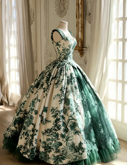Gorgeous A-Line  Long Prom Dresses Tulle Floral Green Evening Dresses Straps Birthday Dresses DP04676