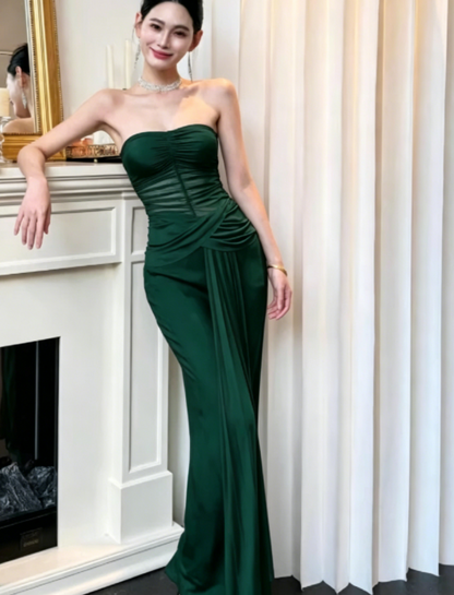 Sexy Burgundy Long Prom Dress Strapless Sheath Evening Dress Chiffon Sleeveless Birthday Dress DP04955