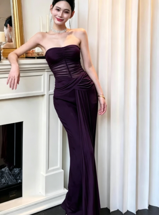 Sexy Burgundy Long Prom Dress Strapless Sheath Evening Dress Chiffon Sleeveless Birthday Dress DP04955