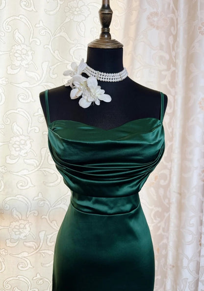 Classy Sheath Dark Green Prom Dress Spaghetti Straps Satin Sleeveless Long Evening Dress DP05095