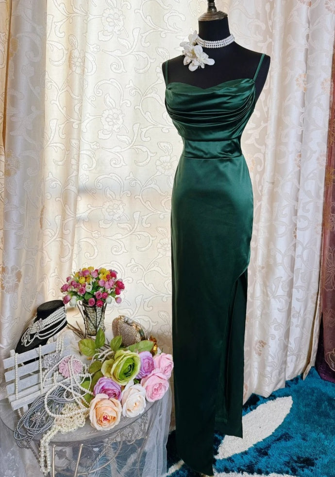 Classy Sheath Dark Green Prom Dress Spaghetti Straps Satin Sleeveless Long Evening Dress DP05095