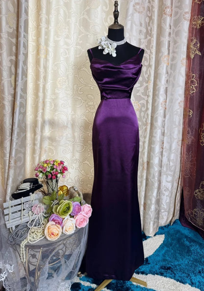 Classy Sheath Dark Purple Prom Dress Spaghetti Straps Satin Sleeveless Long Evening Dress DP05096