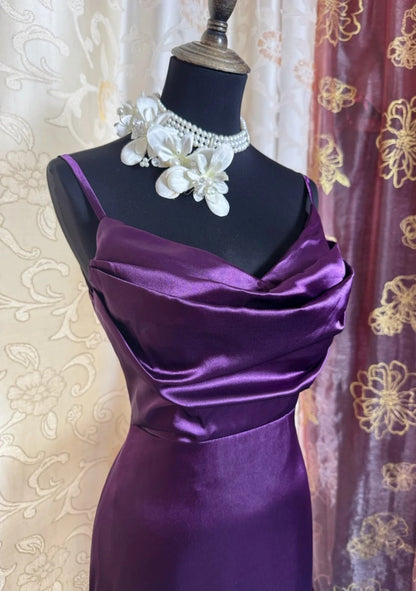 Classy Sheath Dark Purple Prom Dress Spaghetti Straps Satin Sleeveless Long Evening Dress DP05096