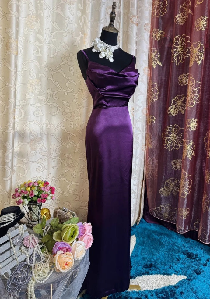 Classy Sheath Dark Purple Prom Dress Spaghetti Straps Satin Sleeveless Long Evening Dress DP05096