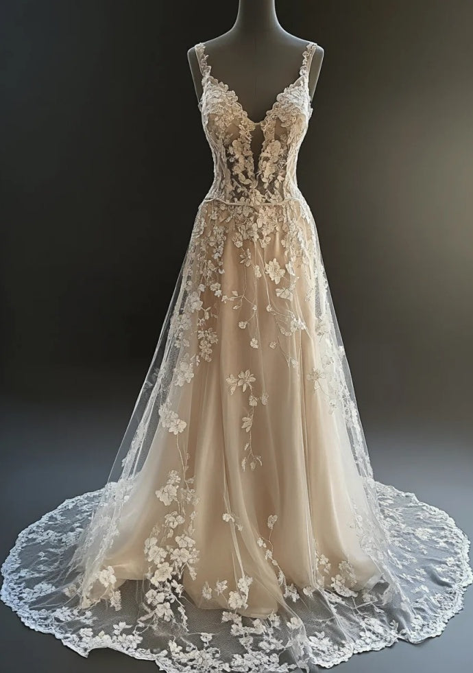 Classy A-Line Champagne Prom Dress Spaghetti Straps Tulle Sleeveless Long Evening Dress DP05097
