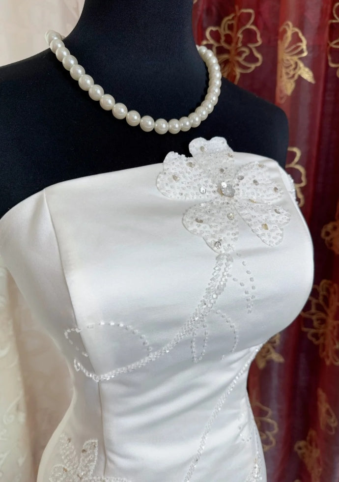 Classy Mermaid White Prom Dress Satin Strapless Sleeveless Long Evening Dress DP05098