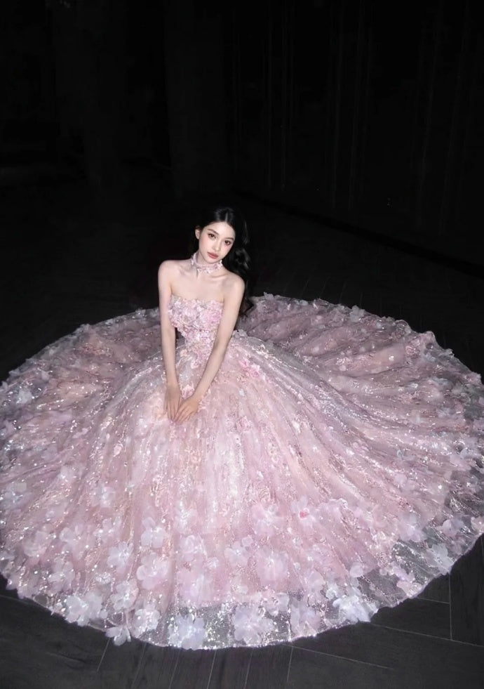 Classy A-Line Pink Prom Dress Tulle Strapless Appliques Birthday Dress Sleeveless Long Evening Dress DP05099