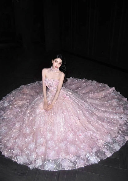 Classy A-Line Pink Prom Dress Tulle Strapless Appliques Birthday Dress Sleeveless Long Evening Dress DP05099