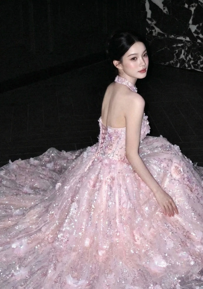 Classy A-Line Pink Prom Dress Tulle Strapless Appliques Birthday Dress Sleeveless Long Evening Dress DP05099