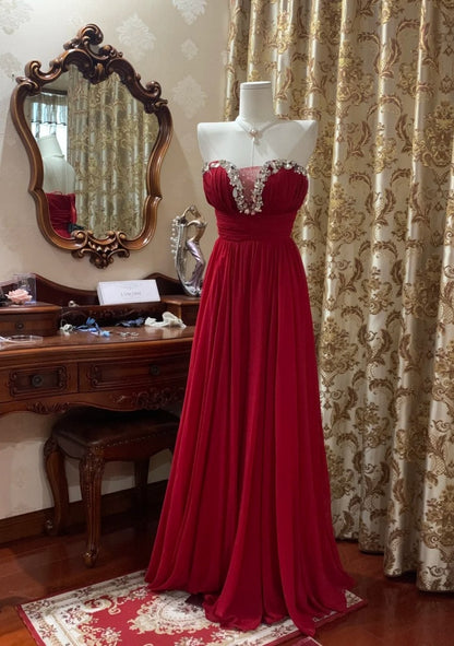 Classy Sheath Red Prom Dress Chiffon Strapless Birthday Dress Sleeveless Long Evening Dress dp05100