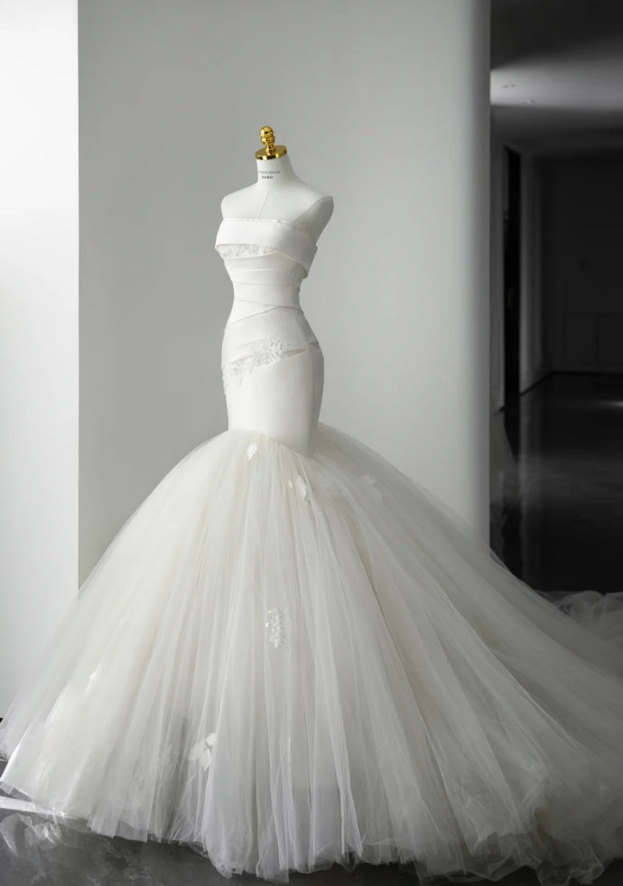 Elegant White Wedding Dress Tulle Strapless Mermaid Bridal Gowns Sleeveless Birdal Dress DP05101