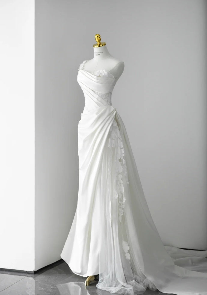Elegant White Wedding Dress Tulle Satin Sheath Bridal Gowns Sleeveless Birdal Dress DP05202