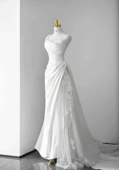 Elegant White Wedding Dress Tulle Satin Sheath Bridal Gowns Sleeveless Birdal Dress DP05202