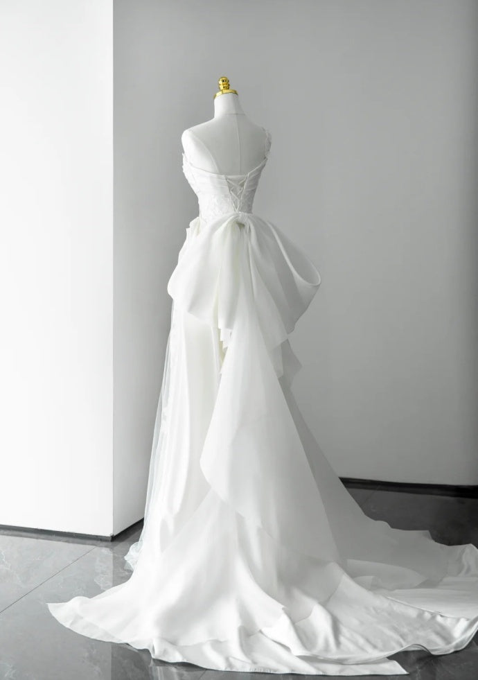 Elegant White Wedding Dress Tulle Satin Sheath Bridal Gowns Sleeveless Birdal Dress DP05202