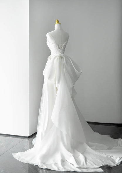 Elegant White Wedding Dress Tulle Satin Sheath Bridal Gowns Sleeveless Birdal Dress DP05202