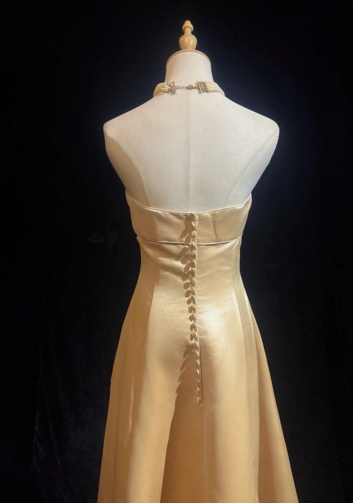 Chic Champagne Bridesmaid Dress  Satin Sheath Evening Dress Sleeveless DP05208-1