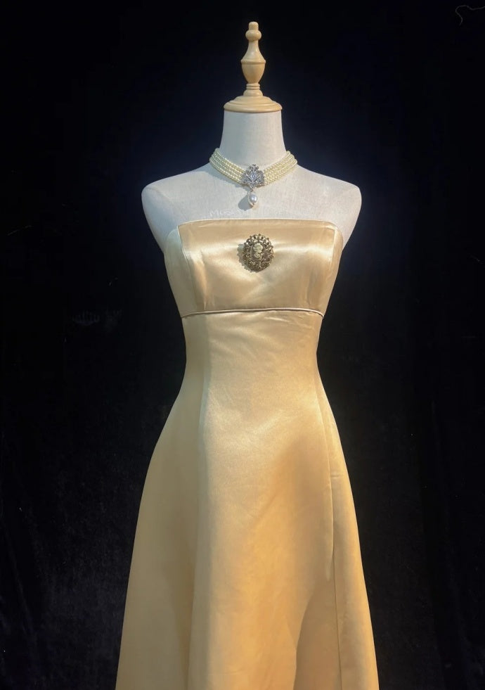Chic Champagne Bridesmaid Dress  Satin Sheath Evening Dress Sleeveless DP05208-1