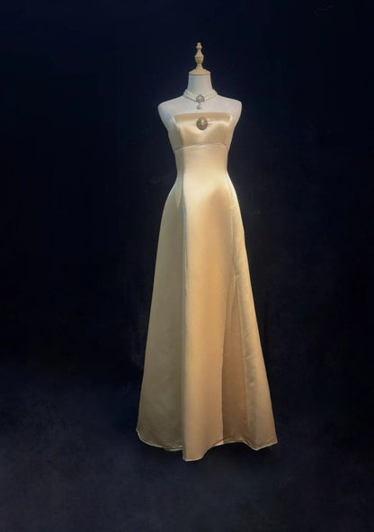 Chic Champagne Bridesmaid Dress  Satin Sheath Evening Dress Sleeveless DP05208-1