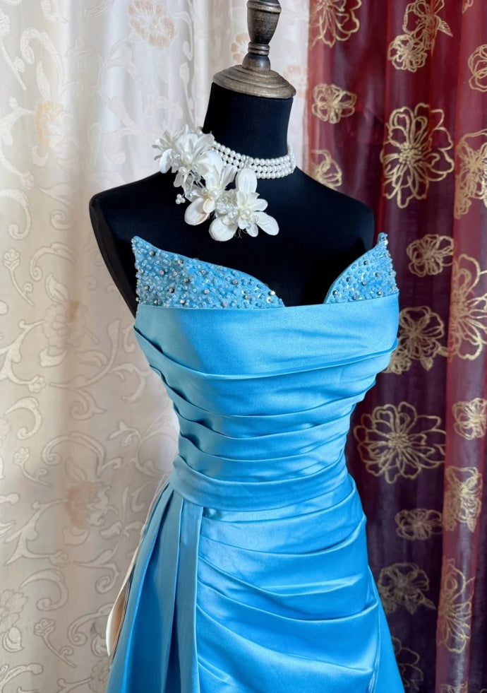 Chic Blue Prom Dress Satin Sheath Evening Dress DP05111