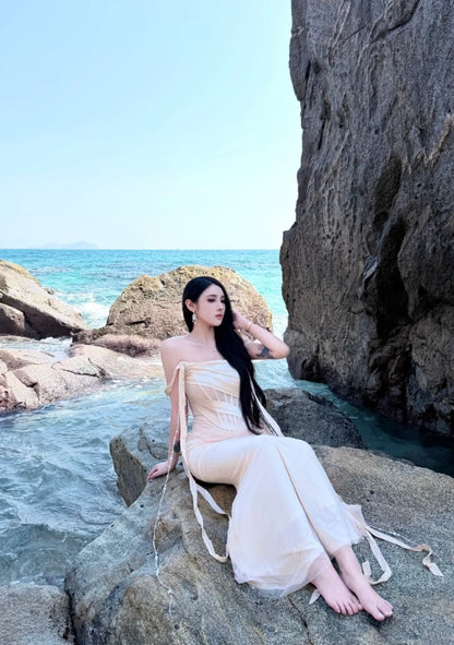 Chic Champagne Bridesmaid Dress Sheath Evening Dress Chiffon Strapless Party Dress   DP05113