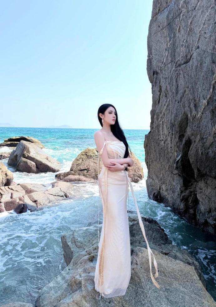 Chic Champagne Bridesmaid Dress Sheath Evening Dress Chiffon Strapless Party Dress   DP05113