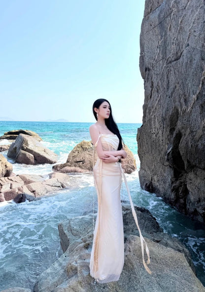 Chic Champagne Bridesmaid Dress Sheath Evening Dress Chiffon Strapless Party Dress   DP05113