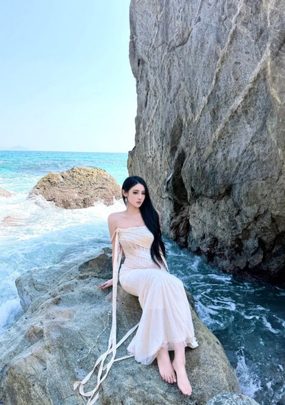 Chic Champagne Bridesmaid Dress Sheath Evening Dress Chiffon Strapless Party Dress   DP05113
