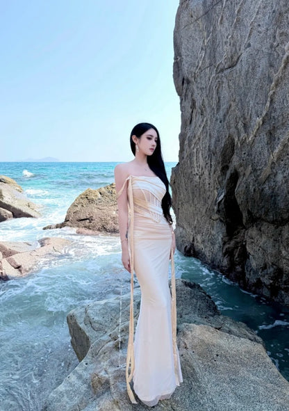 Chic Champagne Bridesmaid Dress Sheath Evening Dress Chiffon Strapless Party Dress   DP05113