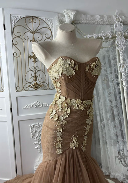 Gorgeous Chocolate Brown Prom Dress Tulle Applique Mermaid Evening Dress  DP05114