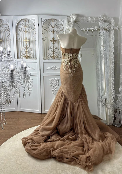 Gorgeous Chocolate Brown Prom Dress Tulle Applique Mermaid Evening Dress  DP05114