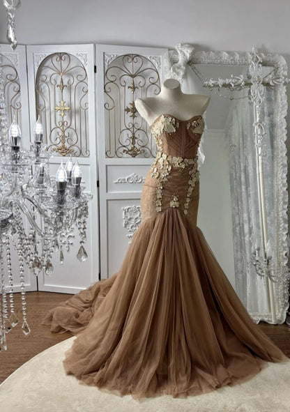 Gorgeous Chocolate Brown Prom Dress Tulle Applique Mermaid Evening Dress  DP05114