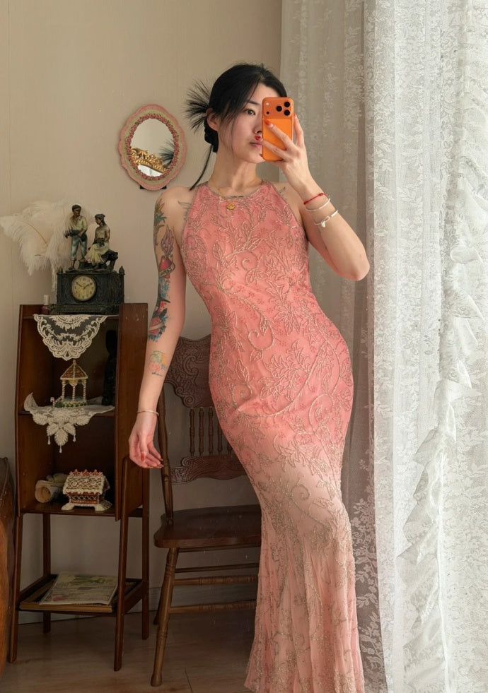 Gorgeous Coral Prom Dress Chiffon Beaded Sheath Evening Dress  DP05115