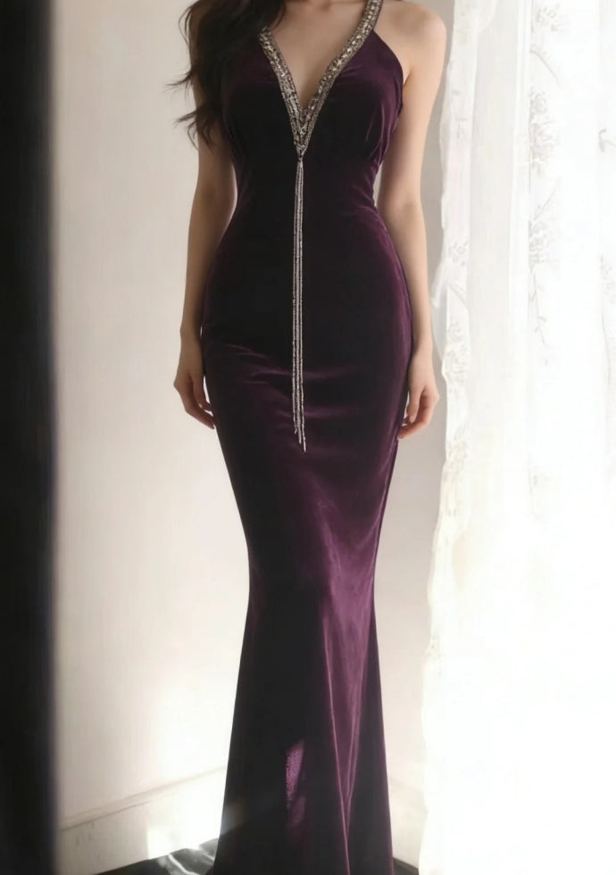 Gorgeous Dark Purple Prom Dress Chiffon V-Neck Sheath Evening Dress DP05116