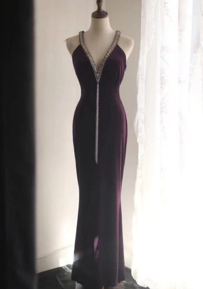 Gorgeous Dark Purple Prom Dress Chiffon V-Neck Sheath Evening Dress DP05116